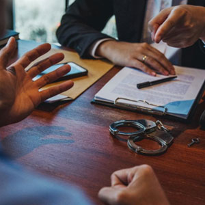 Two individuals at a table with handcuffs